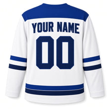 Load image into Gallery viewer, Crossed Sticks Star Hanukkah Hockey Jersey in Faceoff White, back view with your name and number