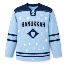 Load image into Gallery viewer, Dreidel Diamond Grid Hanukkah Hockey Jersey in Grid Ice Blue, front view – custom name and number