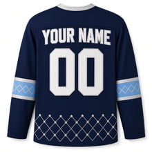 Load image into Gallery viewer, Dreidel Diamond Grid Hanukkah Hockey Jersey in Grid Navy, back view with your name and number