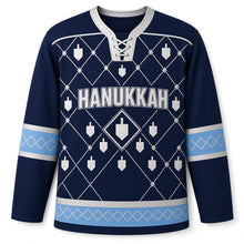 Load image into Gallery viewer, Dreidel Diamond Grid Hanukkah Hockey Jersey in Grid Navy, front view – custom name and number
