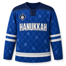 Load image into Gallery viewer, Dreidel Diamond Grid Hanukkah Hockey Jersey in Grid Royal, front view – custom name and number