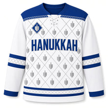 Load image into Gallery viewer, Dreidel Diamond Grid Hanukkah Hockey Jersey in Grid Snow, front view – custom name and number
