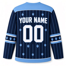 Load image into Gallery viewer, Dreidel Pinstripe Hanukkah Hockey Jersey in Navy Pinstripe, back view with your name and number