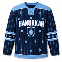 Load image into Gallery viewer, Dreidel Pinstripe Hanukkah Hockey Jersey in Navy Pinstripe, front view – custom name and number