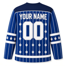 Load image into Gallery viewer, Dreidel Pinstripe Hanukkah Hockey Jersey in Royal Pinstripe, back view with your name and number