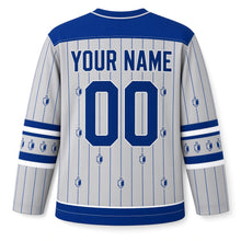 Load image into Gallery viewer, Dreidel Pinstripe Hanukkah Hockey Jersey in Silver Pinstripe, back view with your name and number