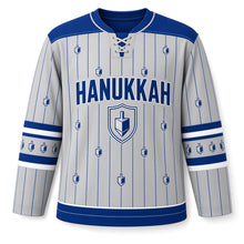 Load image into Gallery viewer, Dreidel Pinstripe Hanukkah Hockey Jersey in Silver Pinstripe, front view – custom name and number
