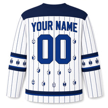 Load image into Gallery viewer, Dreidel Pinstripe Hanukkah Hockey Jersey in Classic Pinstripe, back view with your name and number