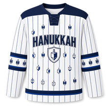 Load image into Gallery viewer, Dreidel Pinstripe Hanukkah Hockey Jersey in Classic Pinstripe, front view – custom name and number