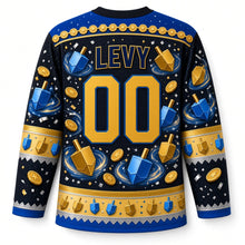 Load image into Gallery viewer, Dreidel Spin Hanukkah Hockey Jersey in Starry Black, back view with your name and number