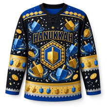 Load image into Gallery viewer, Dreidel Spin Hanukkah Hockey Jersey in Starry Black, front view – custom name and number
