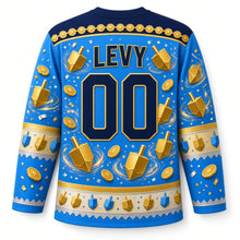 Load image into Gallery viewer, Dreidel Spin Hanukkah Hockey Jersey in Dreidel Blue, back view with your name and number