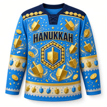 Load image into Gallery viewer, Dreidel Spin Hanukkah Hockey Jersey in Dreidel Blue, front view – custom name and number