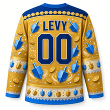 Load image into Gallery viewer, Dreidel Spin Hanukkah Hockey Jersey in Gelt Gold, back view with your name and number