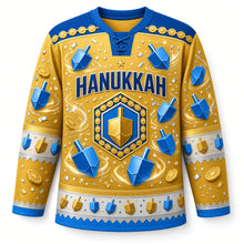 Load image into Gallery viewer, Dreidel Spin Hanukkah Hockey Jersey in Gelt Gold, front view – custom name and number