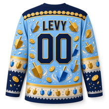 Load image into Gallery viewer, Dreidel Spin Hanukkah Hockey Jersey in Sky Blue, back view with your name and number