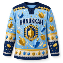 Load image into Gallery viewer, Dreidel Spin Hanukkah Hockey Jersey in Sky Blue, front view – custom name and number