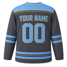 Load image into Gallery viewer, Eight Nights Glow Hanukkah Hockey Jersey in Charcoal Glow, back view with your name and number