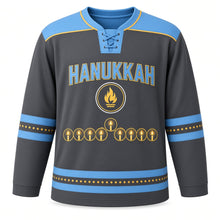 Load image into Gallery viewer, Eight Nights Glow Hanukkah Hockey Jersey in Charcoal Glow, front view – custom name and number