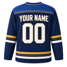 Load image into Gallery viewer, Eight Nights Glow Hanukkah Hockey Jersey in Eight Nights Navy, back view with your name and number