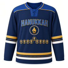 Load image into Gallery viewer, Eight Nights Glow Hanukkah Hockey Jersey in Eight Nights Navy, front view – custom name and number