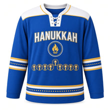 Load image into Gallery viewer, Eight Nights Glow Hanukkah Hockey Jersey in Royal Glow, front view – custom name and number