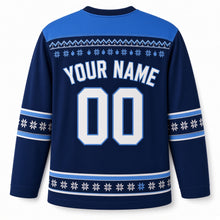 Load image into Gallery viewer, Fair Isle Star Knit Hanukkah Hockey Jersey in Knit Navy, back view with your name and number