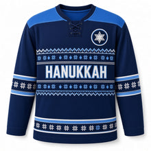 Load image into Gallery viewer, Fair Isle Star Knit Hanukkah Hockey Jersey in Knit Navy, front view – custom name and number