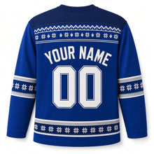 Load image into Gallery viewer, Fair Isle Star Knit Hanukkah Hockey Jersey in Knit Royal, back view with your name and number