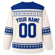 Load image into Gallery viewer, Fair Isle Star Knit Hanukkah Hockey Jersey in Knit Snow, back view with your name and number
