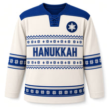 Load image into Gallery viewer, Fair Isle Star Knit Hanukkah Hockey Jersey in Knit Snow, front view – custom name and number