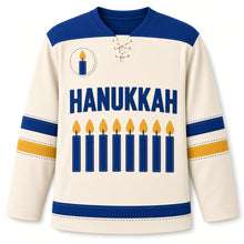 Load image into Gallery viewer, Felt Applique Candles Hanukkah Hockey Jersey in Felt Cozy Cream, front view – custom name and number