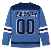 Load image into Gallery viewer, Felt Applique Candles Hanukkah Hockey Jersey in Felt Heather Blue, back view with your name and number