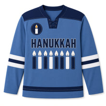 Load image into Gallery viewer, Felt Applique Candles Hanukkah Hockey Jersey in Felt Heather Blue, front view – custom name and number