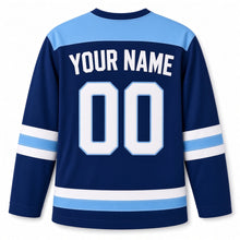 Load image into Gallery viewer, Felt Applique Candles Hanukkah Hockey Jersey in Felt Navy, back view with your name and number