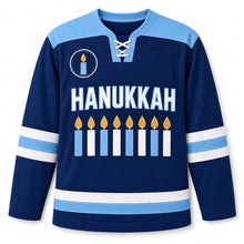 Load image into Gallery viewer, Felt Applique Candles Hanukkah Hockey Jersey in Felt Navy, front view – custom name and number