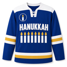 Load image into Gallery viewer, Felt Applique Candles Hanukkah Hockey Jersey in Felt Royal, front view – custom name and number