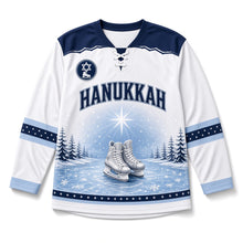 Load image into Gallery viewer, Frozen Pond Skate Star Hanukkah Hockey Jersey in Pond Ice White, front view – custom name and number