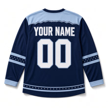 Load image into Gallery viewer, Frozen Pond Skate Star Hanukkah Hockey Jersey in Pond Midnight, back view with your name and number