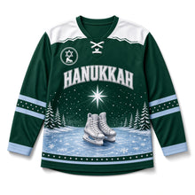 Load image into Gallery viewer, Frozen Pond Skate Star Hanukkah Hockey Jersey in Pond Pine, front view – custom name and number