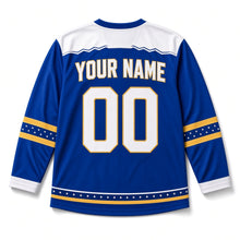 Load image into Gallery viewer, Frozen Pond Skate Star Hanukkah Hockey Jersey in Pond Royal, back view with your name and number