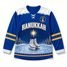 Load image into Gallery viewer, Frozen Pond Skate Star Hanukkah Hockey Jersey in Pond Royal, front view – custom name and number