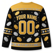 Load image into Gallery viewer, Gelt Coin Shower Hanukkah Hockey Jersey in Midnight Black, back view with your name and number