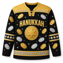 Load image into Gallery viewer, Gelt Coin Shower Hanukkah Hockey Jersey in Midnight Black, front view – custom name and number