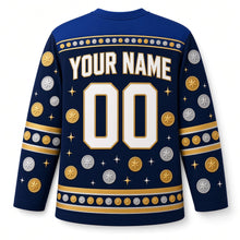 Load image into Gallery viewer, Gelt Coin Shower Hanukkah Hockey Jersey in Navy Gold, back view with your name and number