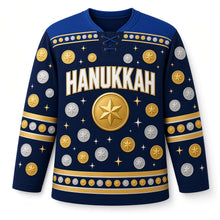 Load image into Gallery viewer, Gelt Coin Shower Hanukkah Hockey Jersey in Navy Gold, front view – custom name and number
