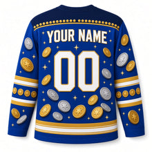 Load image into Gallery viewer, Gelt Coin Shower Hanukkah Hockey Jersey in Royal Gelt Blue, back view with your name and number
