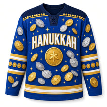 Load image into Gallery viewer, Gelt Coin Shower Hanukkah Hockey Jersey in Royal Gelt Blue, front view – custom name and number