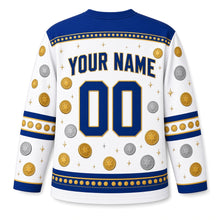 Load image into Gallery viewer, Gelt Coin Shower Hanukkah Hockey Jersey in Snow Foil White, back view with your name and number