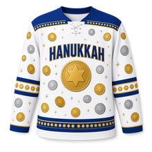 Load image into Gallery viewer, Gelt Coin Shower Hanukkah Hockey Jersey in Snow Foil White, front view – custom name and number